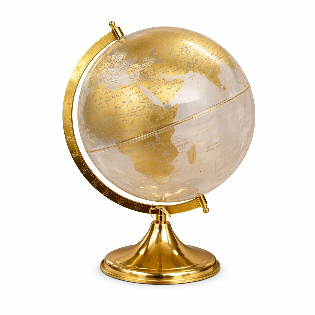World Globe with Polished Golden Arc and Metal Base
