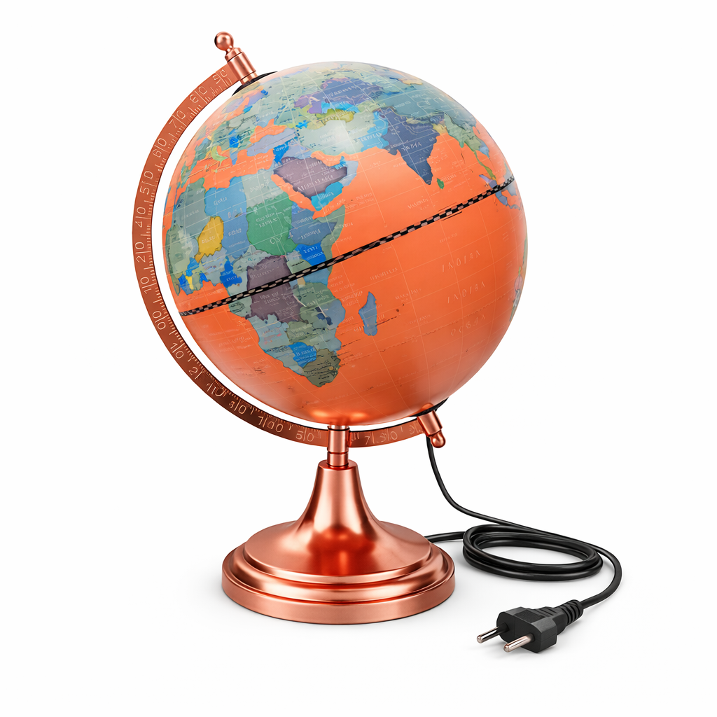 Illuminated World Globe with Rose Gold Metal Stand – Orange LED Lighted Desk Globe