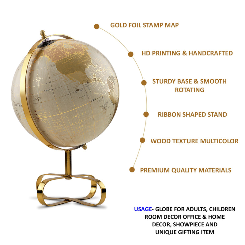 Brown & Gold 8 inch Home Decor Rotating World Globe with Metal Gold Plated Stand