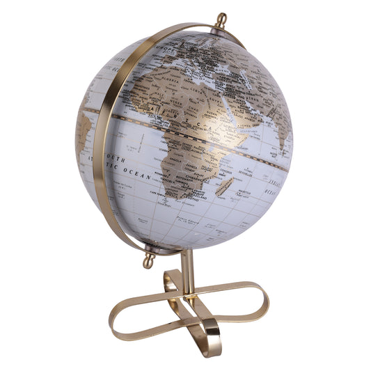 GLOBE DADDY WHITE GOLD GLOBE WITH GOLD METAL RIBBON SHAPED STAND