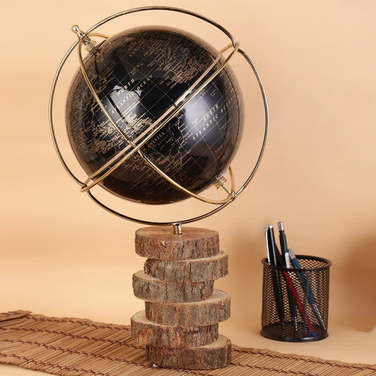 Aesthetic World Globe with Gold Ring and Natural Barktree Base