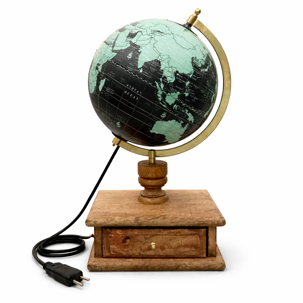 Illuminated Political World Globe with Wooden Drawer Base