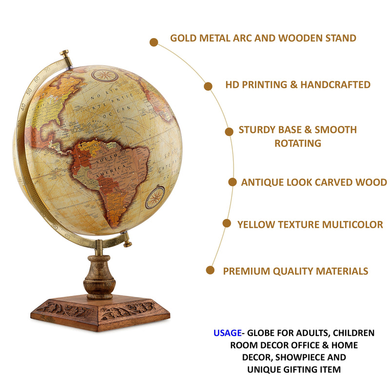 Gold & Yellow 12 inch Home Decor Rotating World Globe with Gold Metal Arc And Sheesham Wood Stand