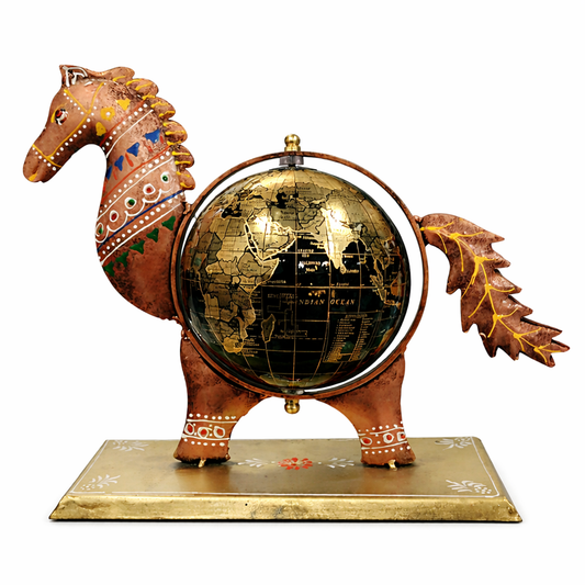 Handcrafted Horse World Globe-Antique Brown & Gold Decorative Desk Accent with Artistic Base
