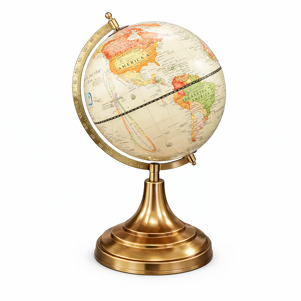 Imperial Vintage Cream World Globe with Brushed Gold Metal Stand