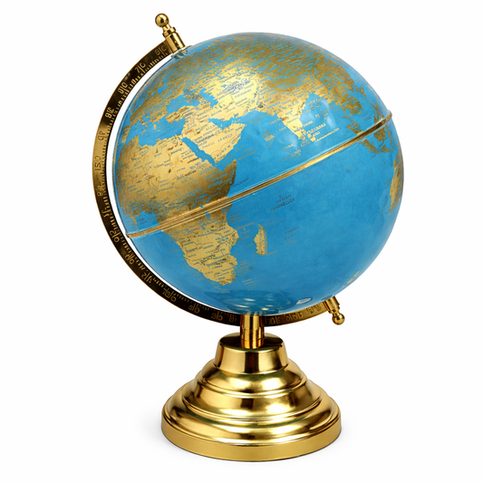 Royal Blue and Antique Gold World Globe with Premium Gold Finish Stand – Luxury Desk Decor