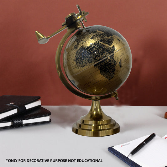 Gold Black World Globe 8 Inch with Golden Airplane Stand