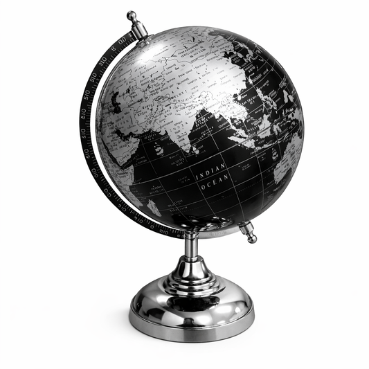 Premium Black & Silver Political World Globe with Chrome Stand
