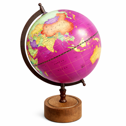 Premium Magenta Pink Political World Globe with Wooden Base