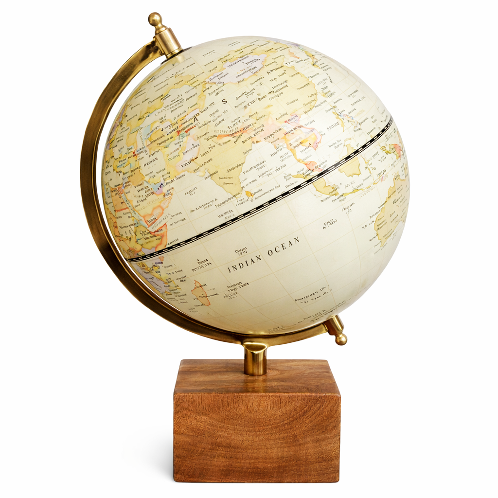 World Globe with Antique Gold Frame & Solid Wood Base
