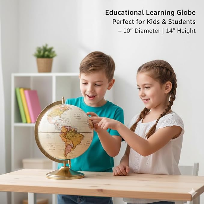 Royal Cream Globe with Metal Gold Plated Stand | Premium Desk & Office Decorative Globe | Antique Finish Educational World Map Globe for Home, Study & Gifting 10 inch
