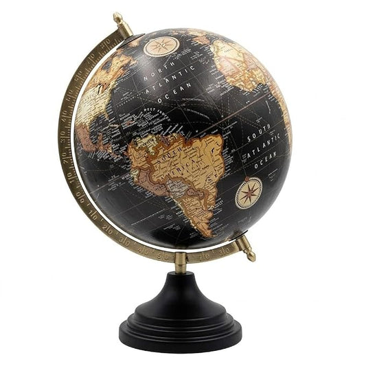Vintage Black World Globe with Metal Meridian & Base – Antique Style Rotating Desk Globe for Home & Office Décor – Educational Geographic Globes for Students & Kids