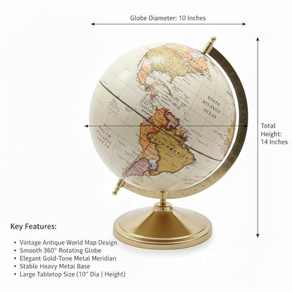 Royal Cream Globe with Metal Gold Plated Stand | Premium Desk & Office Decorative Globe | Antique Finish Educational World Map Globe for Home, Study & Gifting 10 inch