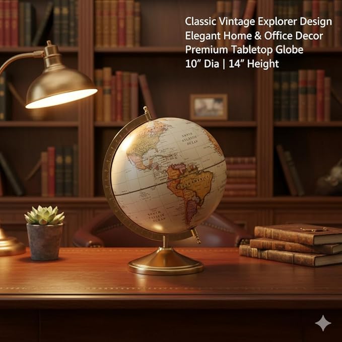 Royal Cream Globe with Metal Gold Plated Stand | Premium Desk & Office Decorative Globe | Antique Finish Educational World Map Globe for Home, Study & Gifting 10 inch