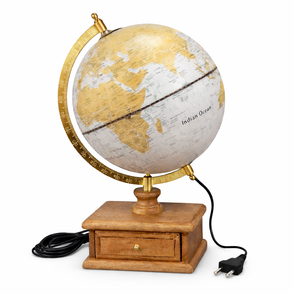 Illuminated Antique Gold World Globe with Wooden Drawer Base