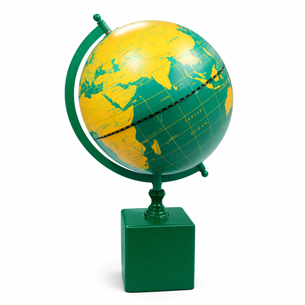 Modern Green & Yellow Political World Globe with Square Base