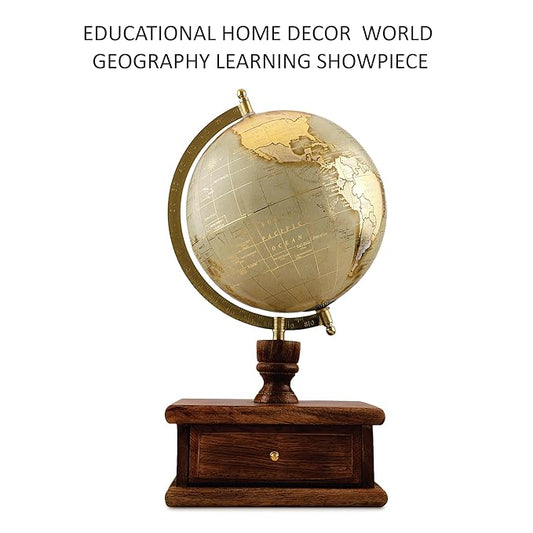 8 Inch Decorative Spinning World Globe with Seasoned Wood Drawer - Gold Foil Stamp Map, Cream Texture - Elegant Home & Office Decor, Educational Showpiece,Perfect Gift