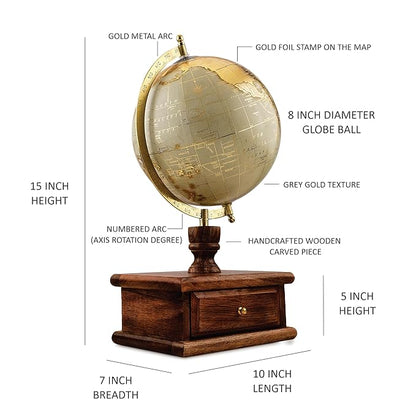 8 Inch Decorative Spinning World Globe with Seasoned Wood Drawer - Gold Foil Stamp Map, Cream Texture - Elegant Home & Office Decor, Educational Showpiece,Perfect Gift