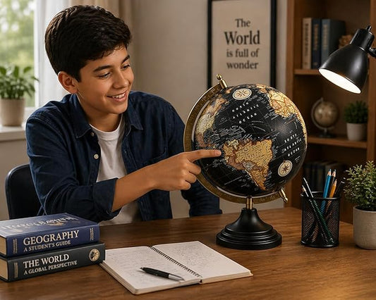 Vintage Black World Globe with Metal Meridian & Base – Antique Style Rotating Desk Globe for Home & Office Décor – Educational Geographic Globes for Students & Kids