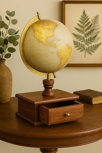 8 Inch Decorative Spinning World Globe with Seasoned Wood Drawer - Gold Foil Stamp Map, Cream Texture - Elegant Home & Office Decor, Educational Showpiece,Perfect Gift