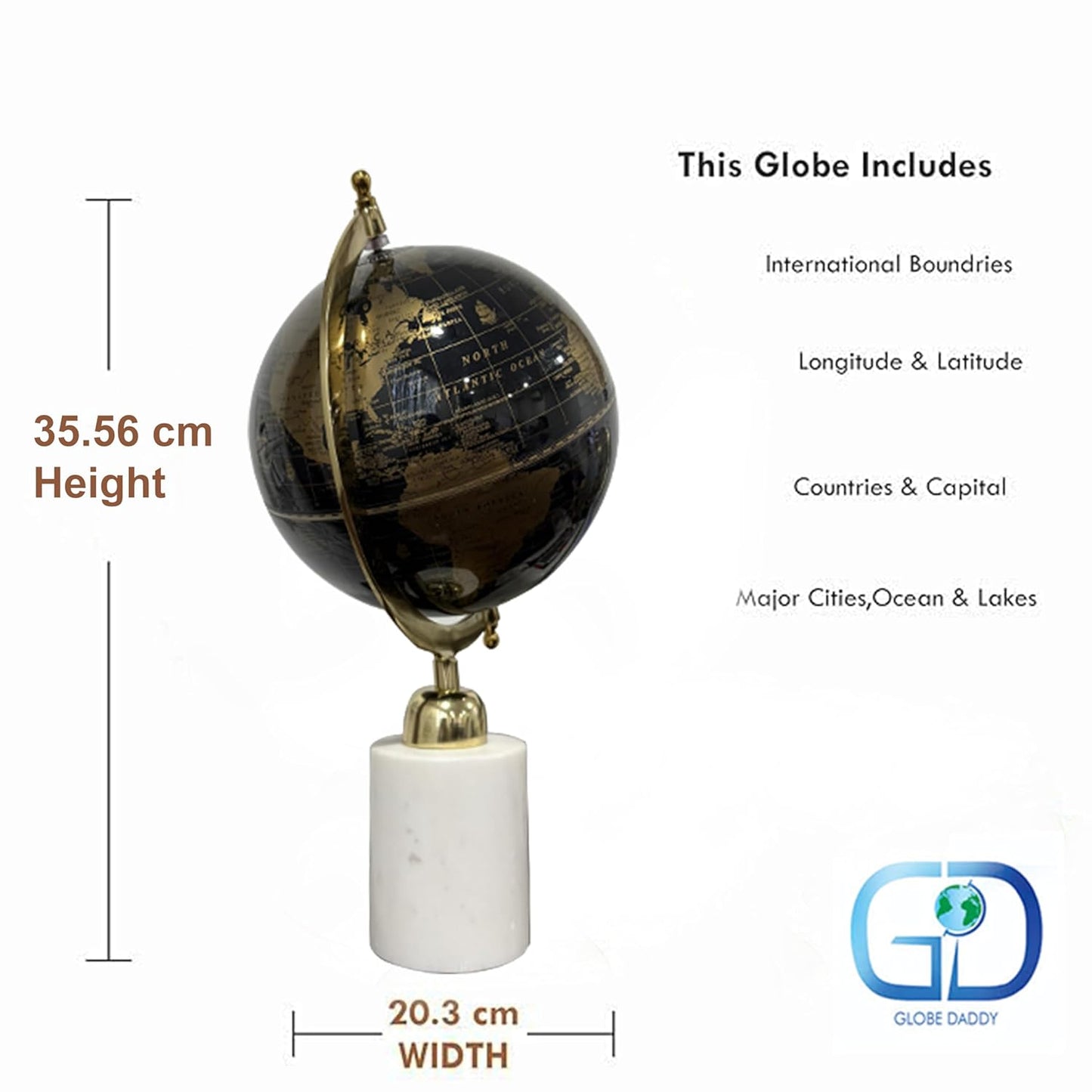 8 Inch Rotating World Globe with Aluminium Arc and Marble Base for Office Table, Geography Learning, Studio or Cafe Decoration, Unique Gifts, Birthday and Aniversary Gift.