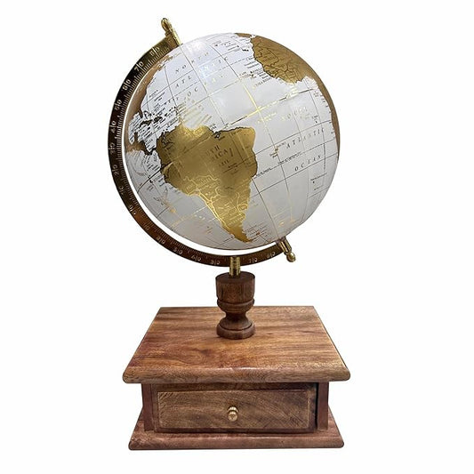 Décorative Gold White Globe Revolving with Wooden Drawer & Metallic Arc
