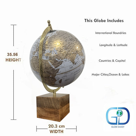 GLOBE DADDY 8 Inch Rotating World Globe with Metal Arc and Wooden Base for Office Table, Geography Learning, Studio or Cafe Decoration, Unique Gifts, Birthday and Anniversary Gift.