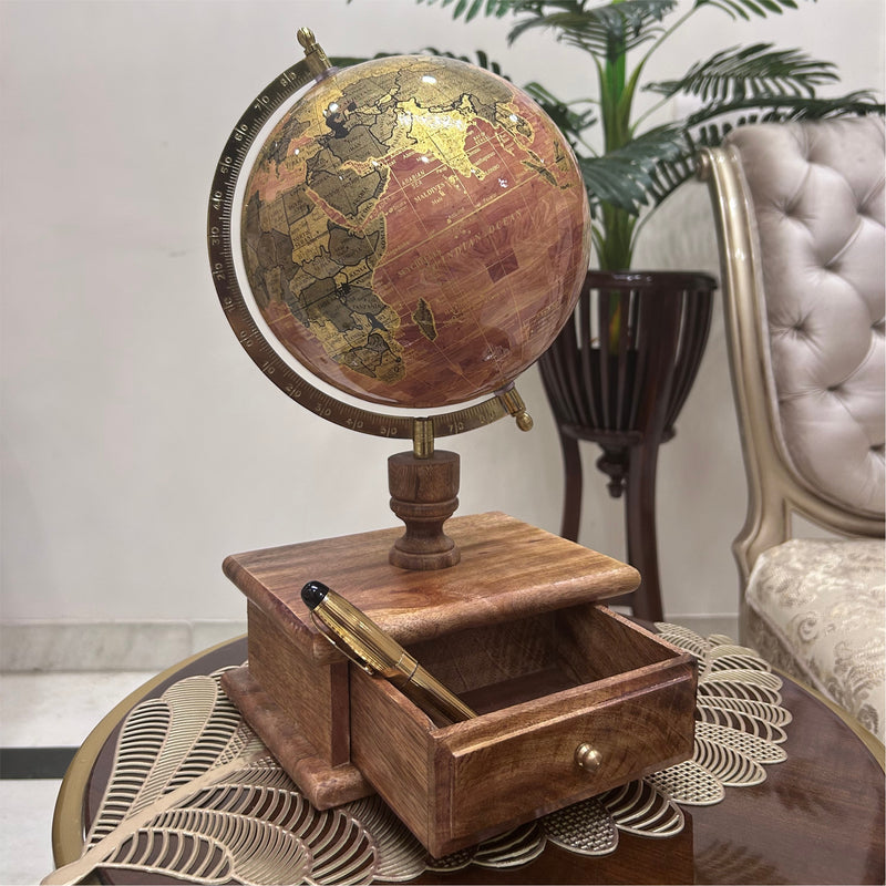 Brown 8 inch Home Decor Rotating World Globe with Wooden Stand