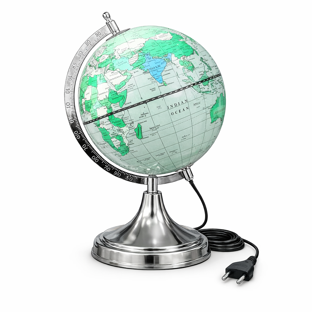 Modern Silver LED World Globe with Chrome Stand – Illuminated Educational Desk Globe