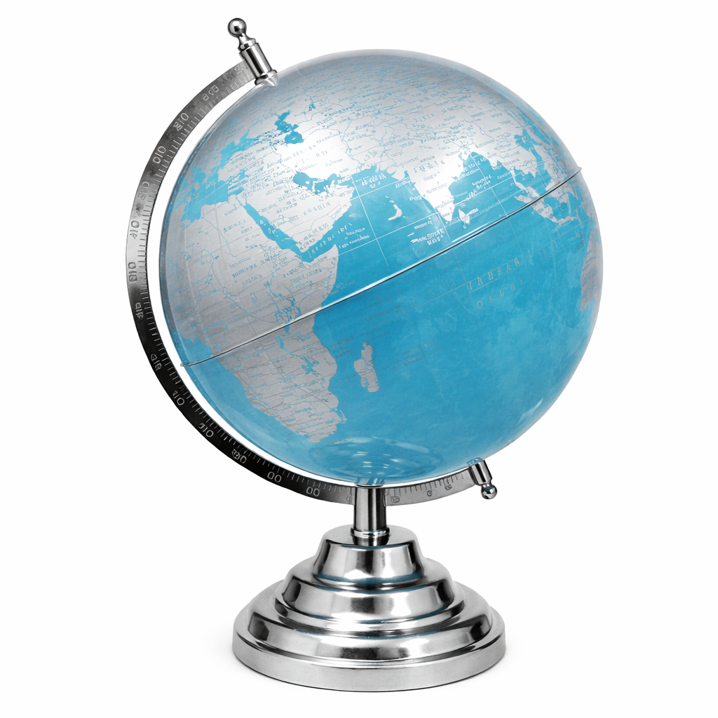 Modern Sky Blue & Silver Political World Globe with Chrome Stand