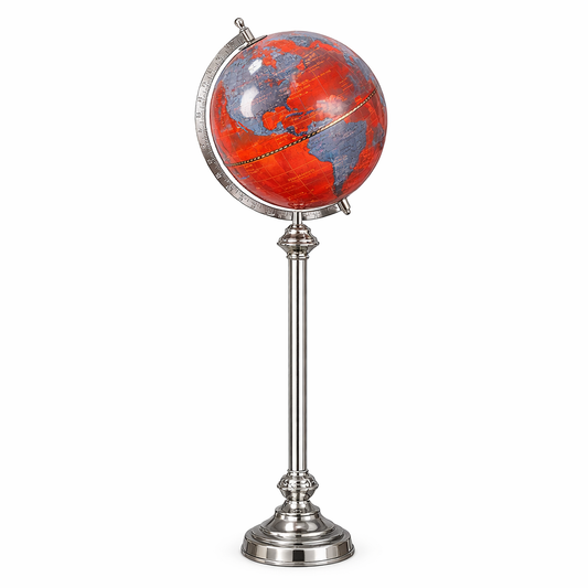 Luxury Red & Grey Political Floor Globe with Tall Silver Chrome Stand
