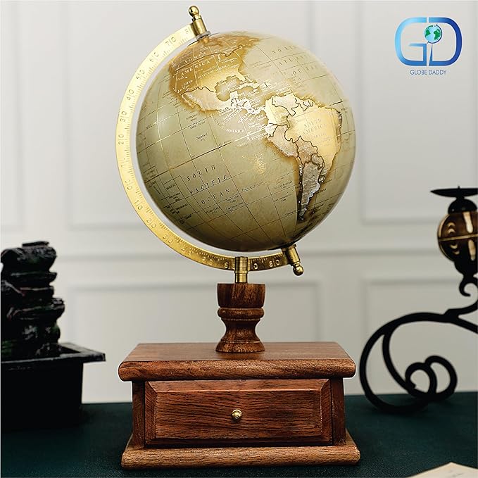 8 Inch Decorative Spinning World Globe with Seasoned Wood Drawer - Gold Foil Stamp Map, Cream Texture - Elegant Home & Office Decor, Educational Showpiece,Perfect Gift