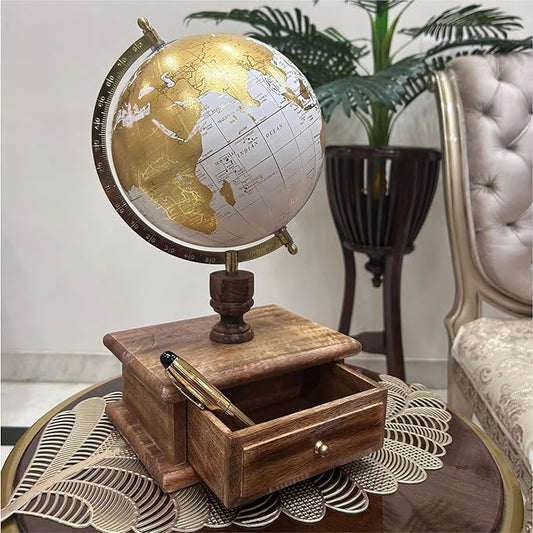 GLOBE DADDY- Educational Décorative Globe Revolving Drawer With Metallic Arc & Wooden Base Rotating Globe FOR HOME DÉCOR/GIFT ITEM/STUDY(8 inch,white and gold)