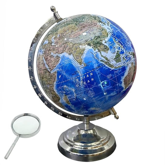 GLOBE DADDY Globe for Kids Learning features of Physical Earth World Map with Sturdy Base and Magnifying Glass - 8 inch Ball 10 Inch Height Blue Multicolour