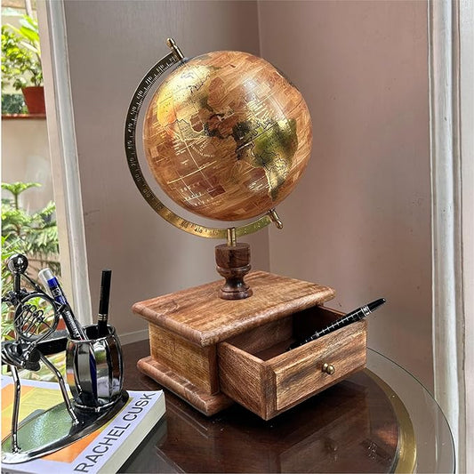 GLOBE DADDY 8 Inches Gold Foil Stamp Map With Wood Texture Decorative Spinning World Globe with Wooden Storage Drawer for Home Decor & Office Table,Corprate Gift Item,Student Globe