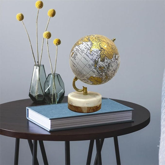 GLOBE DADDY 6 Inch Rotating Globe with Elegant Wood & Marble Base for Home Décor,Office Table,Gift Item,Kids Room Decor,Living Room Showpiece