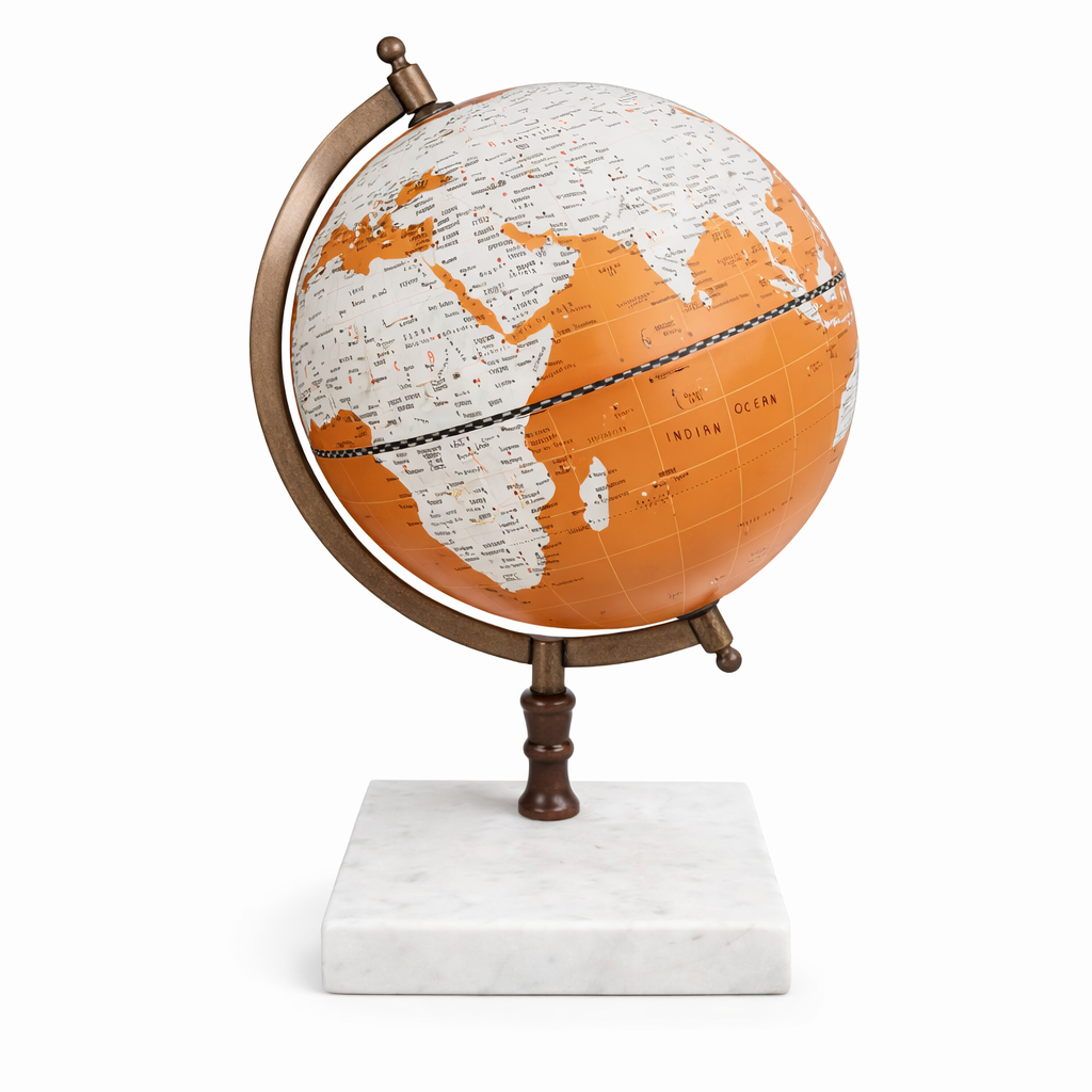 Orange Political World Globe with Walnut Finish Meridian & White Marble Base