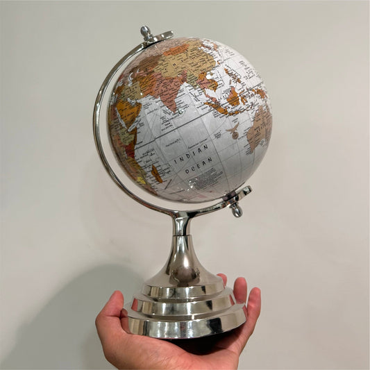 White 6 inch Home Decor Rotating World Globe with Aluminium Stand