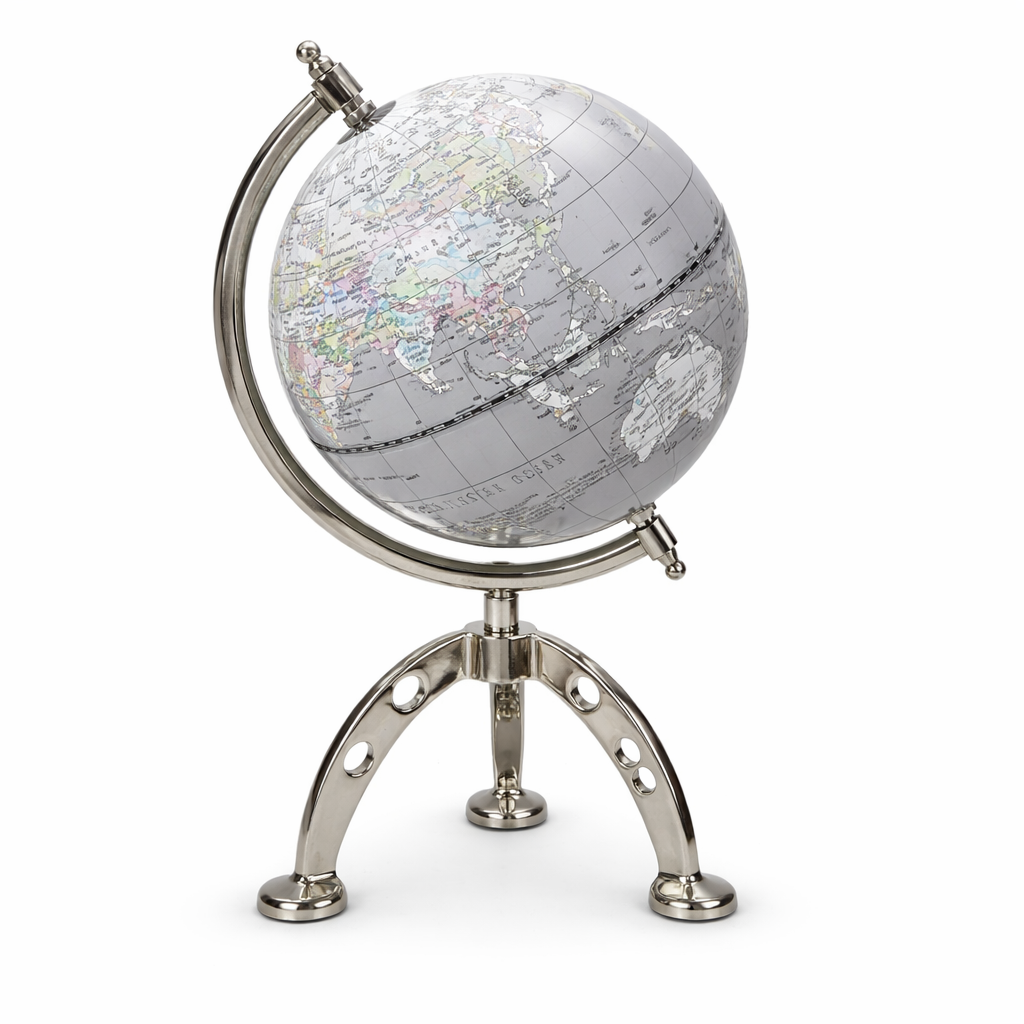 Modern Silver Political World Globe with Designer Tripod Metal Stand