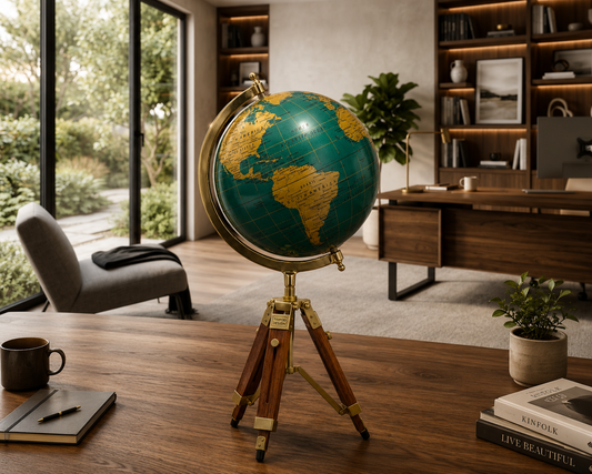 Luxury Vintage World Globe on Wooden Tripod Stand | Premium Rotating Globe for Home & Office Decor | Educational Desktop World Map Globe