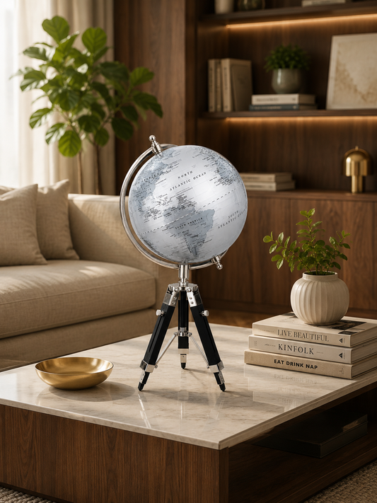 Premium Grey World Globe on Tripod Stand | Luxury Rotating Desktop Globe | Modern Home Office Decor | Educational World Map Globe