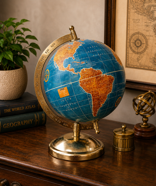 Vintage Blue Ocean World Globe – Premium Decorative Globe with Gold Metal Stand | Office Desk, Study Room & Home Décor | Educational Geography Globe | Gift Item