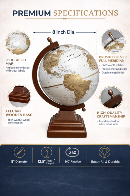 Premium 8” Decorative World Globe with Wooden Base – Antique Style Desk Globe for Office & Study, Educational Geography Globe