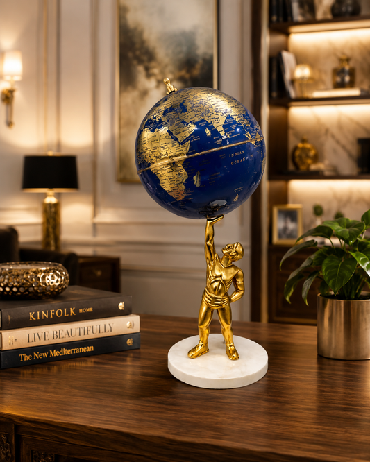 Midnight Blue and Gold World Globe with Atlas Sculpture Stand – Luxury Decorative Desk Globe