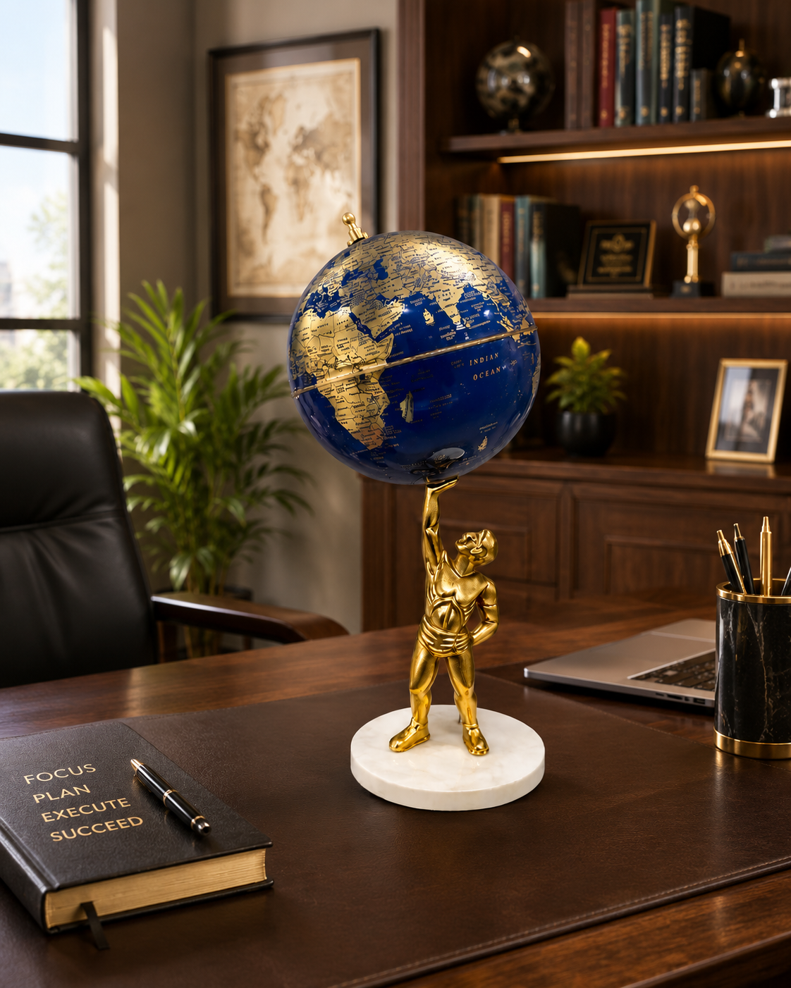 Midnight Blue and Gold World Globe with Atlas Sculpture Stand – Luxury Decorative Desk Globe