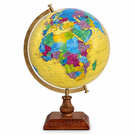 Premium Yellow Political World Globe with Handcrafted Wooden Base | Educational & Decorative Globe for Home, Office & Study