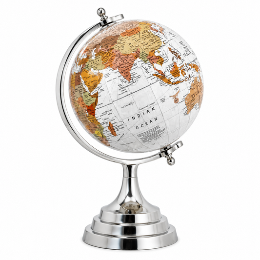 White 6 inch Home Decor Rotating World Globe with Aluminium Stand