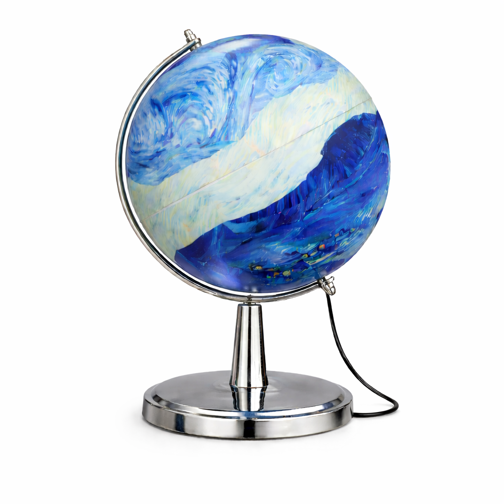 Artistic Blue Swirl Globe Lamp with Chrome Stand – Modern Decorative Table Globe Light