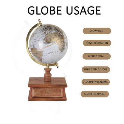 White Gold World Globe with Wooden Drawer Base