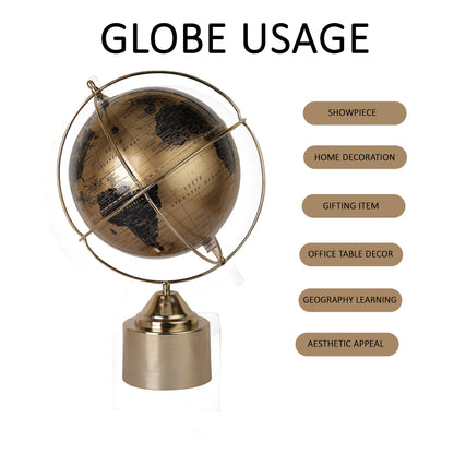 World Globe with Gold Ring and Metal Cylinder Base